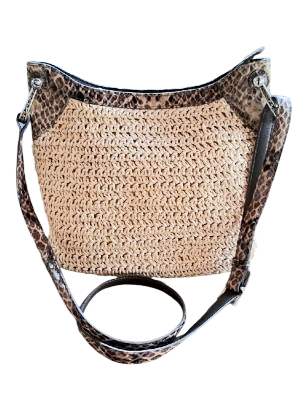 Brighton Leela Crochet Crossbody Bag Snakeskin Embossed Leather Trim - Picture 2 of 10